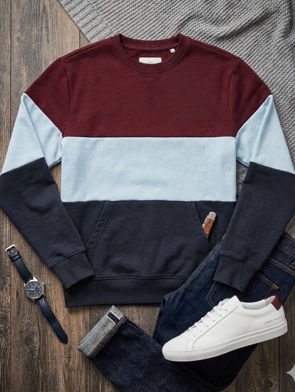 Original Use Men's Colorblock Crewneck - Burgundy, Light Blue & Black